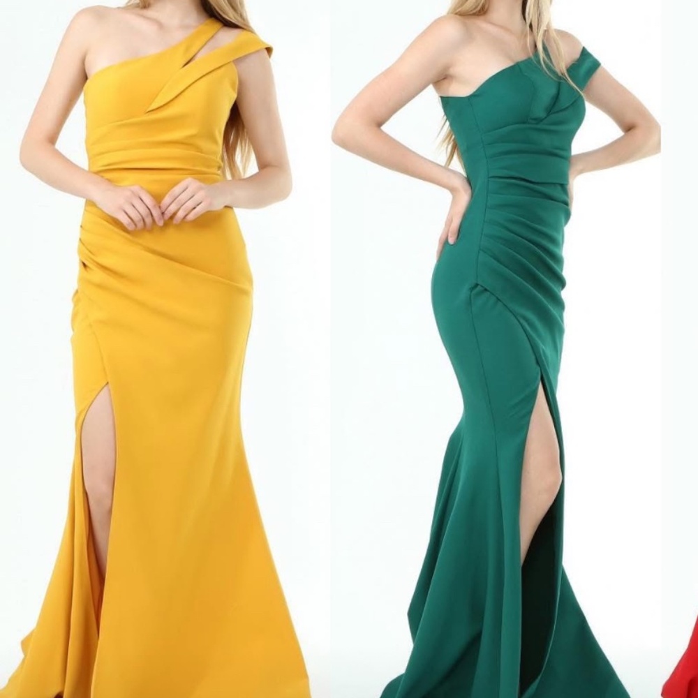 Beautiful mustard, yellow gown, one shoulder